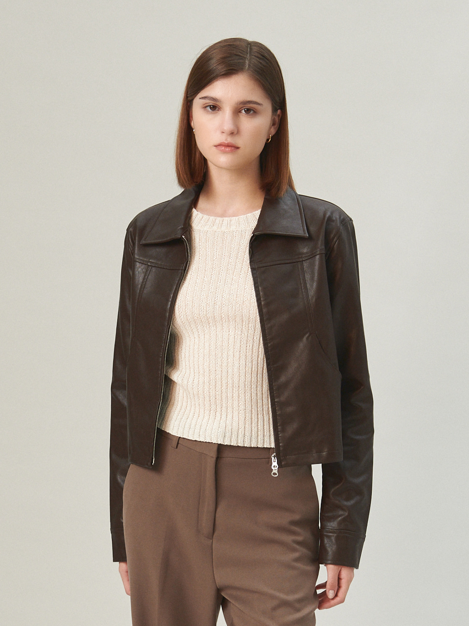 Faux Leather Crop Jacket - brown포 레더 크롭 자켓